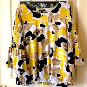 3/$30 SALE Alfani Women’s Plus Blouse Bell Sleeve 2X Yellow Black Floral